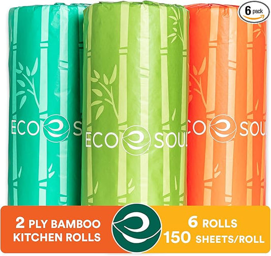 Eco Soul Bamboo Paper Towel Set Of 6 Rolls |150 Sheets Per Roll | Ultra Absorbent, Eco-Friendly, Sustainable, Food Safe Kitchen Paper Towel