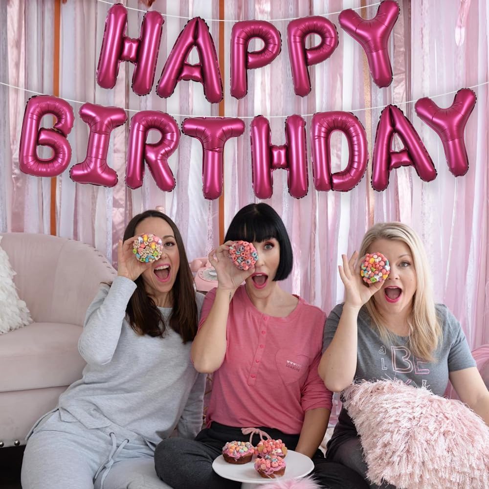 TONIFUL Happy Birthday Balloons Banner with Ribbon Straw,16 Inch Mylar Letters Birthday Sign Banner Balloon Bunting Reusable for Kids & Adults Construction Birthday Party Supplies（Wine Red）
