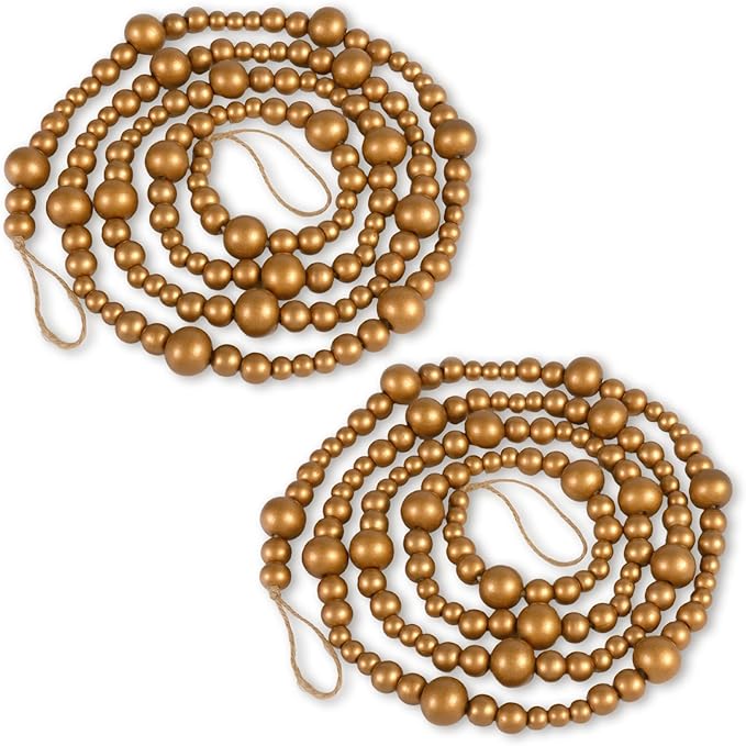 2PCS Christmas Wood Beads Garland 14.4 Feet Wooden Bead Garland Boho Ornaments for Christmas Tree, Xmas Vintage Rustic Farmhouse Round Craft Bead Hanging Holiday Decorations(Gold)