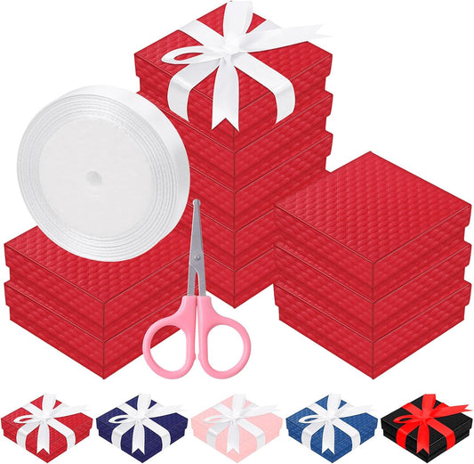 12Pcs 9x9x3cm / 3.5x3.5x1 Inch Red Cardboard Jewelry Gift Boxes with Stain Ribbon and Scissor, Small Gift Box with Lid for Necklaces, Rings, Bracelets, Earrings, Pendant, Jewelry