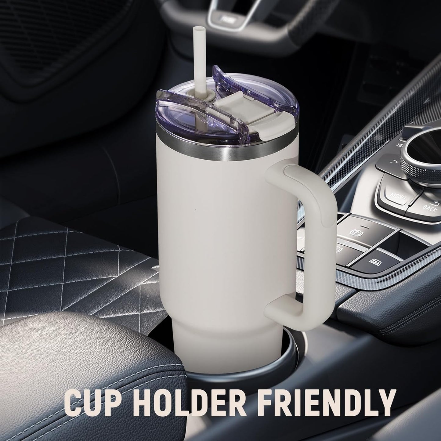 40 oz Tumbler with Handle and Straw Lid,Insulated Reusable Stainless Steel Water Bottle Travel Mug，Cupholder Friendly Double Wall Vacuum Sealed Cup (Almond Birch)