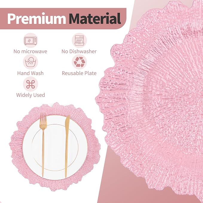 Teruntrue 24 Pcs Pink Charger Plates Bulk 13 Inch Plastic Charger Plates for Dinner Plate, Pink Chargers for Table Setting, Reef Design Plate Floral Decorative Round Chargers for Wedding Party Event