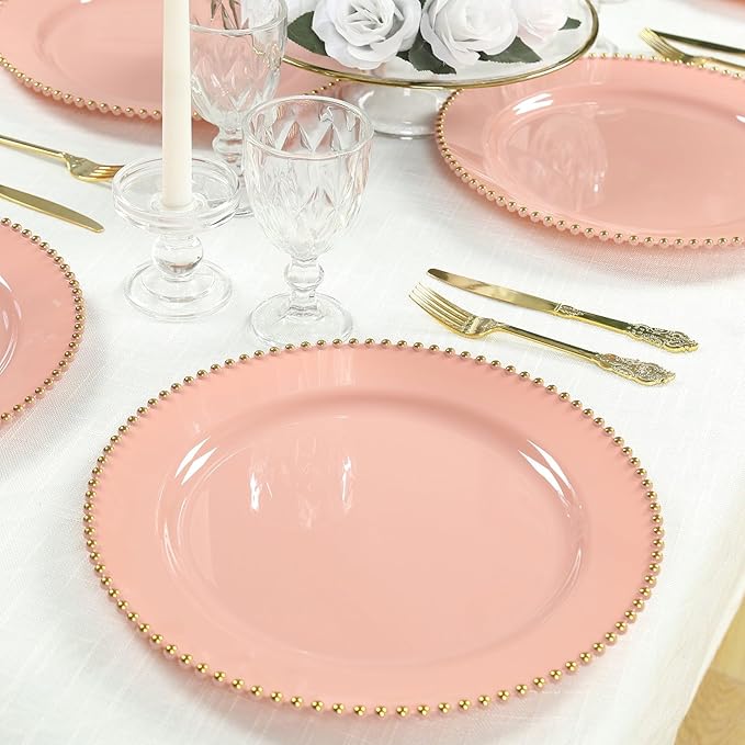 Efavormart 10-Pack Economy Plastic Charger Plates 13" Round Dusty Rose with Gold Beaded Rim - Stylish Dinner Party Serving Plates