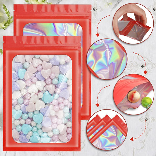 100 Pieces Smell Proof Mylar Resealable Bags, Holographic Packaging Bags, Resealable Odor Foil Pouch Zip Bags with Clear Window for Food Storage and Lipgloss, Jewelry Lash (Red, 6.3 x 9.4 Inch)