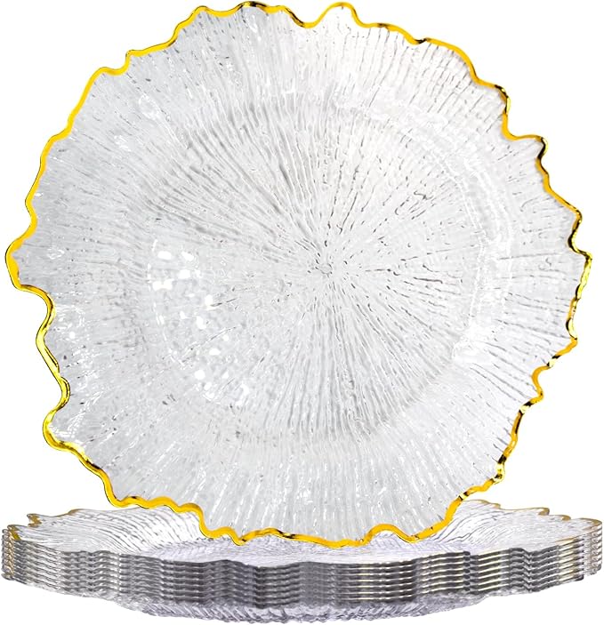 MAONAME 13" Clear Charger Plates, Round Reef Chargers for Dinner Plates, Plastic Plate Chargers for Table Setting, Wedding Decor, Set of 8