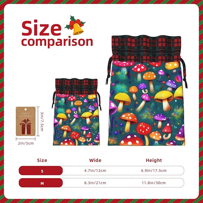 PULaif Bright Mushrooms Arts Christmas Drawstring Gift Bags, Large Size Christmas Bags For Gifts Party Favors, Xmas Gift Bags