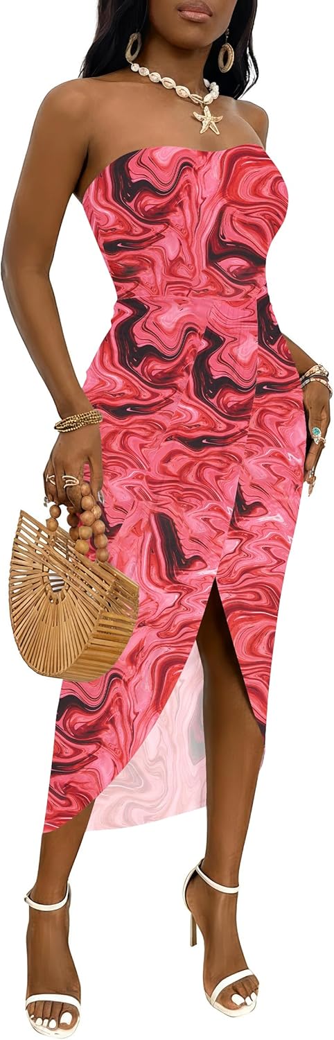 Umenlele Women's Strapless Ruched High Waist Wrap Split Asymmetrical Beach Maxi Long Dress