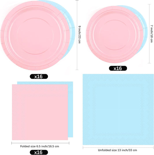 Ruisita 48 Pieces Baby Gender Reveal Party Supplies Light Pink and Light Blue Tableware Including 7 Inch and 9 Inch Paper Dinner Plates 2 Ply Napkins for Wedding, Birthday, Baby Shower (Serves 16)