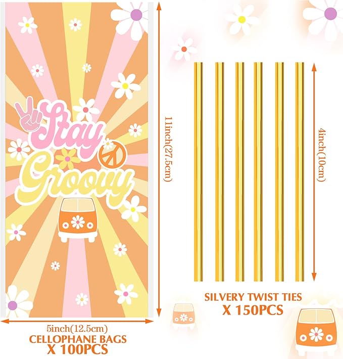 Epakh 100 Pcs Groovy Party Favor Bags Hippie Boho Groovy Retro Daisy Flower Goodie Treat Bag with 150 Pcs Gold Twist Ties for Girls 60's 70's Birthday Baby Shower Party Supplies