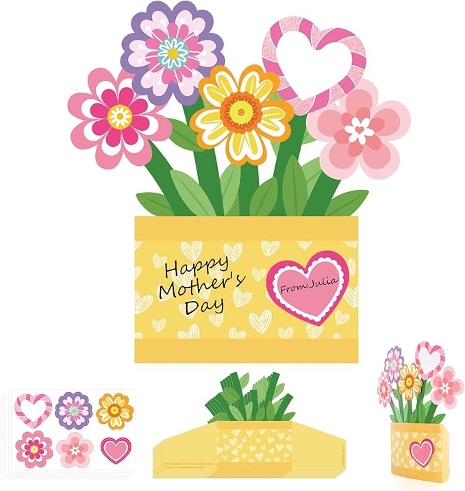 Yewfold 24Pcs Mother's Day Flower Pot Craft Kit, Mothers Day DIY Flower Pot Craft Make Your Own 3D Handmade Greeting Card Standing Floral Decor for Home Party Activities