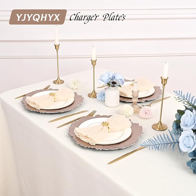 24 Pack Rose Gold Charger Plates Bulk, 13" Plastic Reef Chargers for Dinner Plates, Round Charger Plate with Floral Reef Design for Dinner Wedding Party Table Setting Decoration