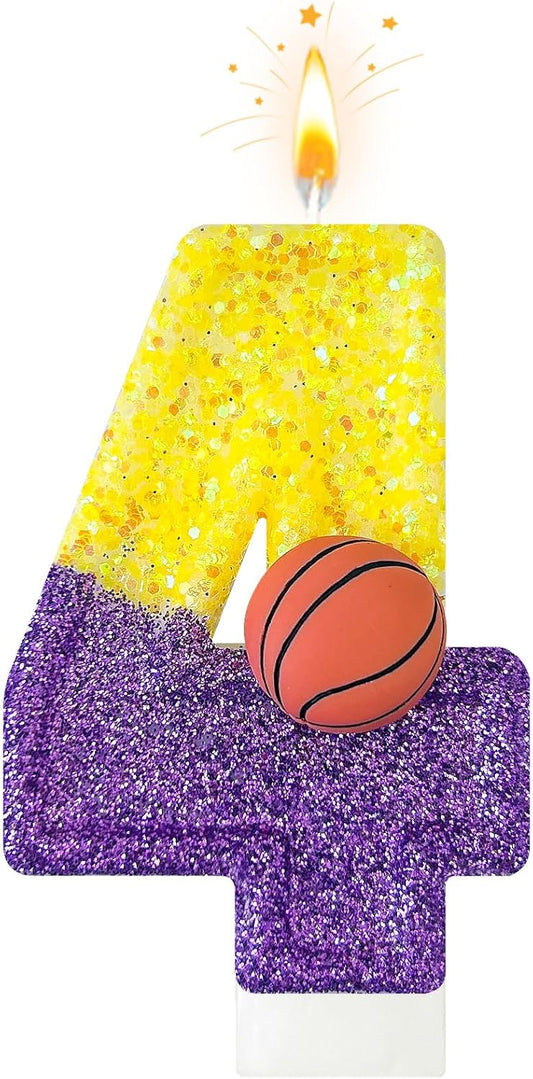 HXOUSE Basketball Number 4 Birthday Candles - Purple Gold Birthday Candles for Cake, 4 Candle for Basketball Theme Cake Topper, Boys Sport Party Decorations Gifts (No.4)