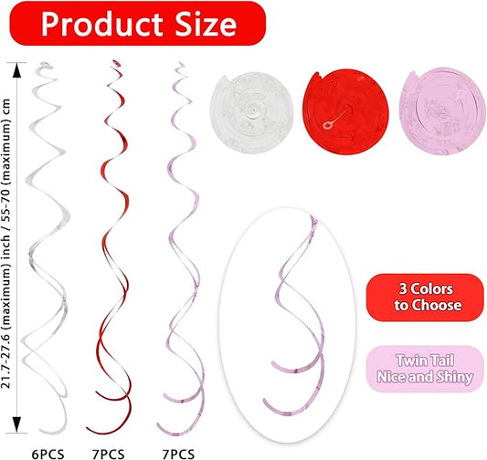 BEISHIDA Red Pink and Silver Hanging Swirls Party Decorations Plastic Streamer for Girl Birthday Hanging Ornament Decorations, Valentine Wedding Anniversary Party Supplies, Pack of 20