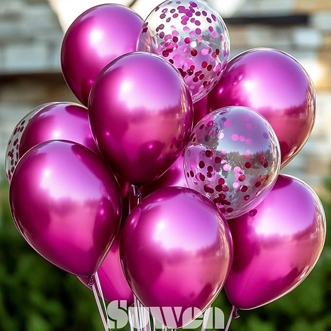 SUWEN Metallic Hot Pink Balloons and Confetti Balloons Set 47PCS Latex Helium Chrome Magenta Balloon for Birthday Valentine Anniversary Party Decorations