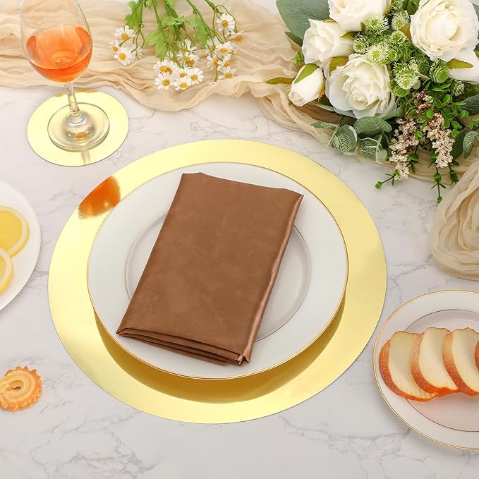 Tioncy 100 Pcs Round Gold Placemats 13" Disposable Paper Placemats for Dining Table Gold Charger Table Mats and Coasters Mats Set for Birthday Wedding Home Dinner Party Settings Decor