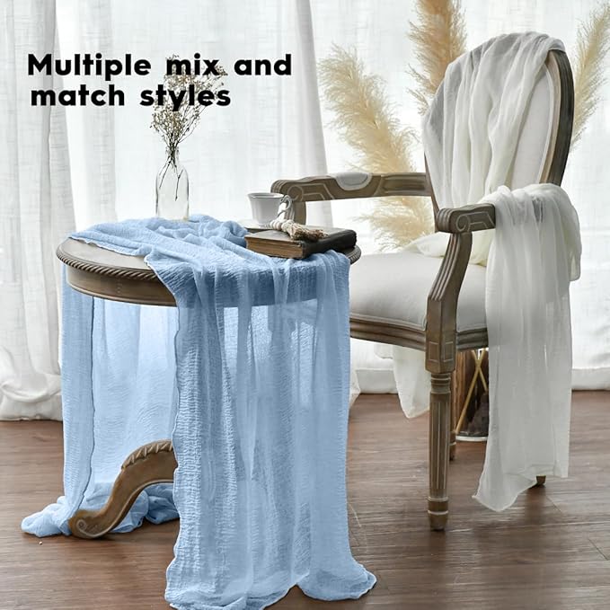 Artoid Mode Boho Sky Blue Gauze 6 Pieces Wedding Table Runner, 120 Inch Seasonal Fabric Kitchen Dining Holiday Table Decor for Home Party Indoor