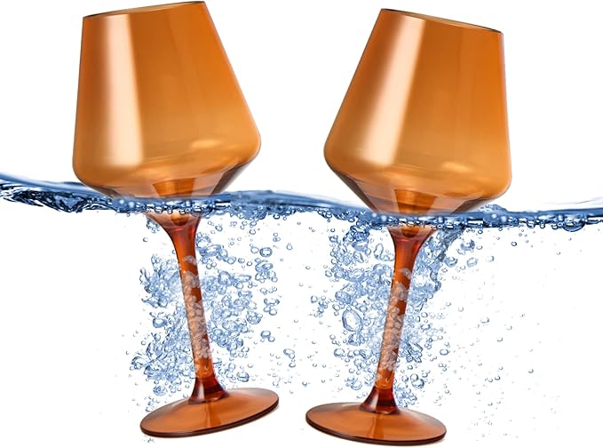 Floating Wine Glasses for Pool (18 Oz | Set of 2) - Wine Glass Set That Float | Shatterproof Poolside Wine | Beach Glass | Outdoor Tritan Plastic Glassware with Stem for Patio, Picnic - Burnt Orange