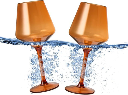 Floating Wine Glasses for Pool (18 Oz | Set of 2) - Wine Glass Set That Float | Shatterproof Poolside Wine | Beach Glass | Outdoor Tritan Plastic Glassware with Stem for Patio, Picnic - Burnt Orange