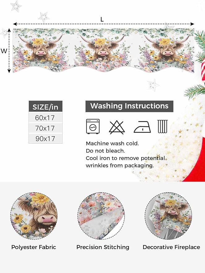 Spring Cow Floral Fireplace Mantel Scarf Table Runner, Green Eucalyptus Leaves Botanical Winter Garland Mantel Top Tablerunners Dresser Scarves Cover for Windows Party Living Room 90''x17''