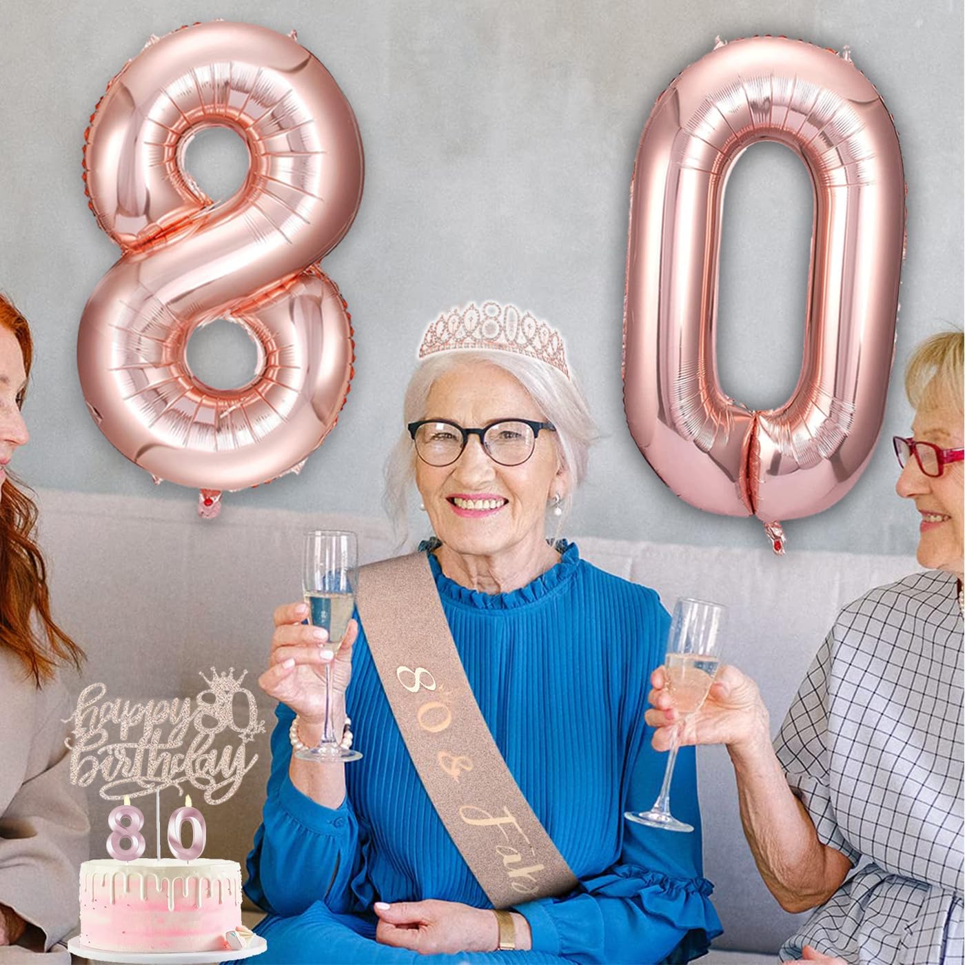 80th Birthday Gifts Decorations for Women, Including 80 year old Birthday Cake Topper, Queen Sash with Pearl Pin, Sweet Rhinestone Tiara Crown, Number Candles and Balloons Set, Rose Gold
