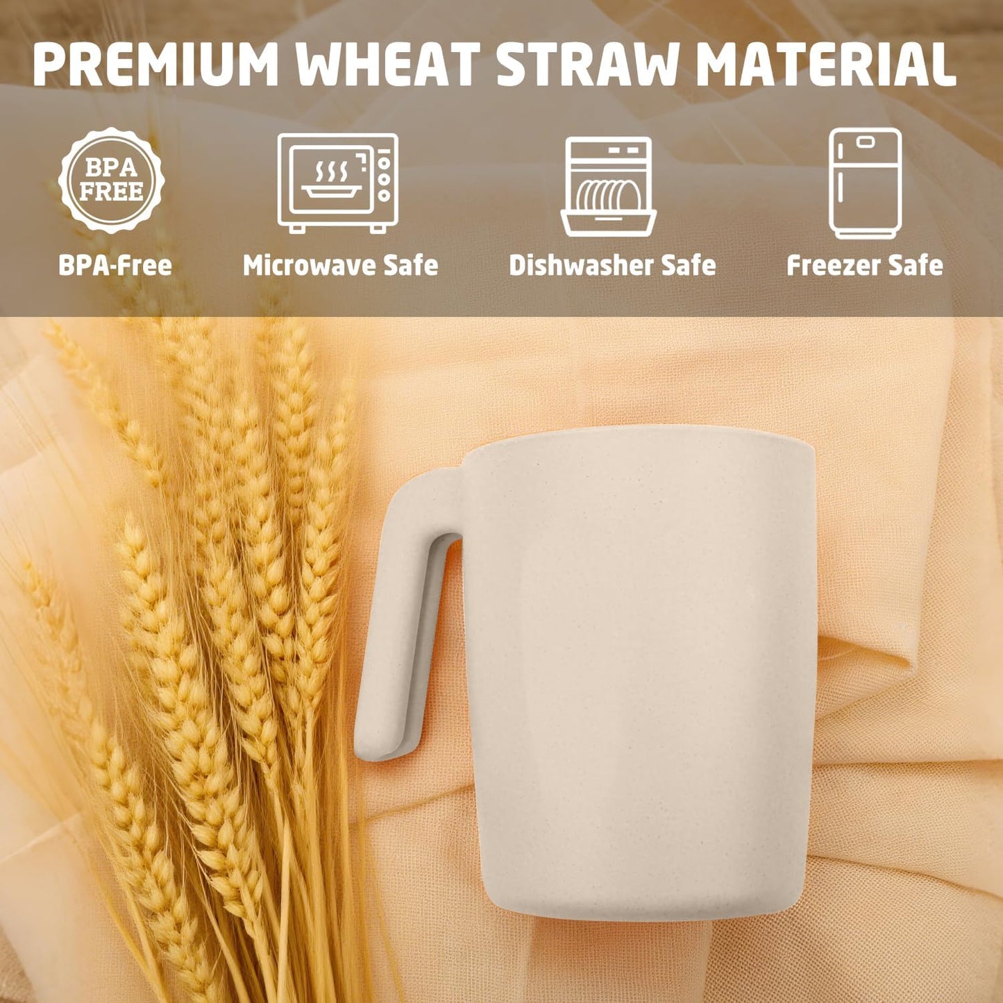 Coffee Mugs Set of 6, Wheat Straw Cups 16 oz, Resuable Plastic Coffee Mugs With Handle, Unbreakable Coffee Mugs, Dishwasher and Microwave safe Coffee Cups for Tea, Camping & Kitchen (Beige)
