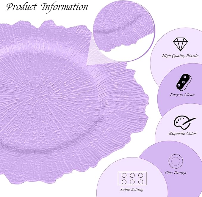 24 Pack Lavender Charger Plates Bulk, 13" Plastic Reef Chargers for Dinner Plates, Round Charger Plate with Floral Reef Design for Dinner Wedding Party Table Setting Decoration