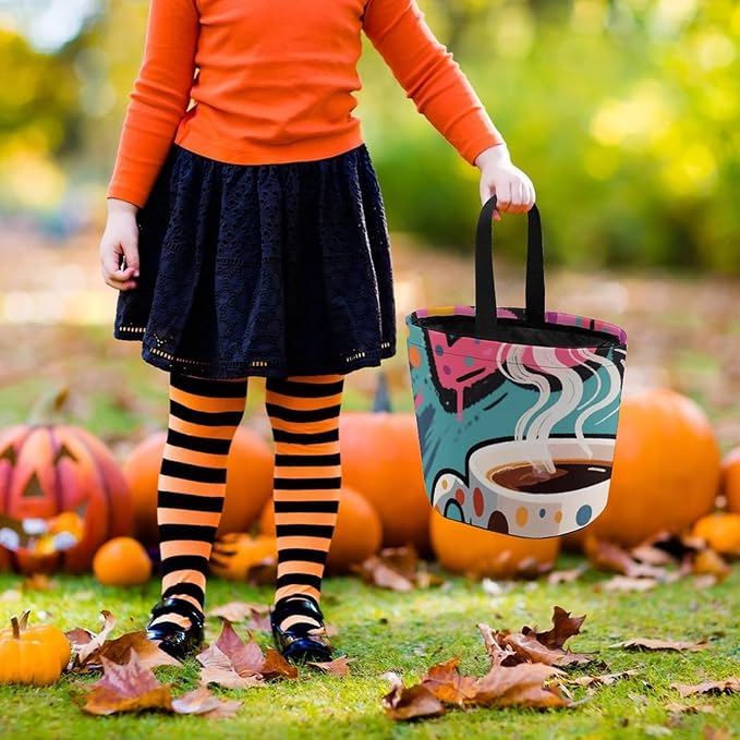 Halloween Candy Bucket - Doodle Style Coffee Cake Trick Or Treat Candy Bag, Gift Bag for Party Favor Supplies