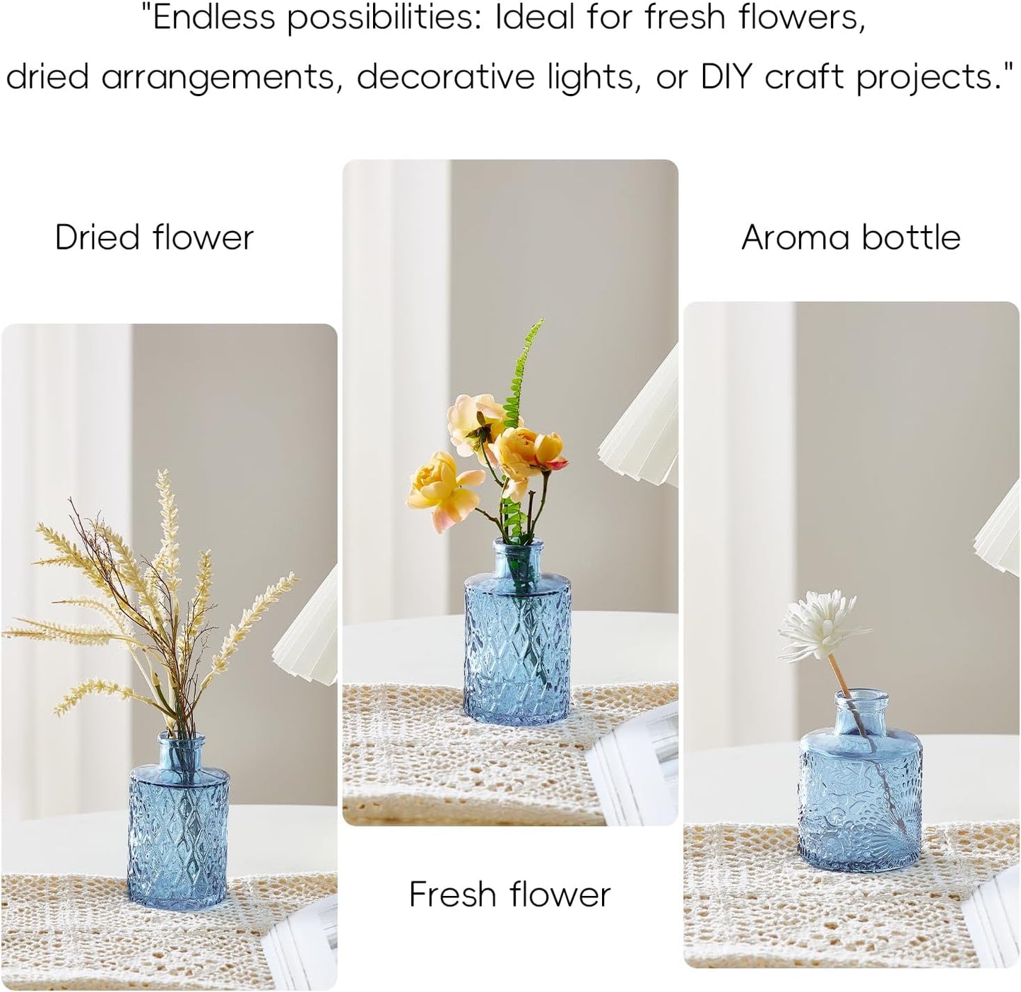 Glass Bud Vases Set of 16 - Blue Assorted Small Mini Glass Vases for Flowers, Crystal Vintage Vase Set, Bulk Centerpieces for Table Décor, Wedding, Home and Events (Blue, 16 Pcs)