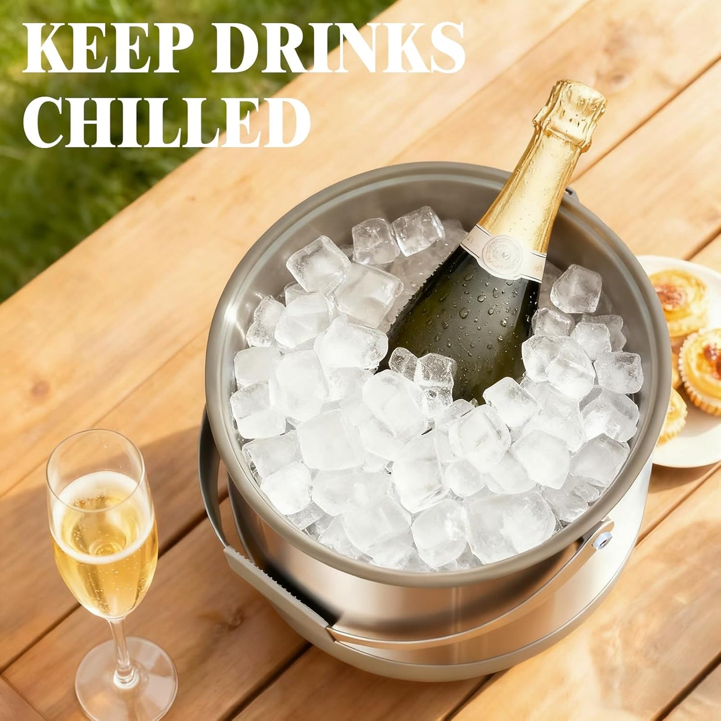 5Quart/4.8L Insulated Ice Bucket with Scoop & Lid, Double-Wall Ice Bucket,Large Party Bucket BPA Free for Cocktail Bar, Champagnes (Gray)