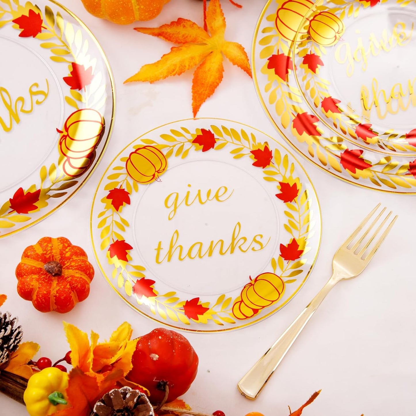 Rubtlamp 60 Pcs Thanksgiving Plastic Plates, Clear Gold Disposable Plates, Red Gold Thanksgiving Party Plates Includes 30 Pcs 10.25” Gold Dinner Platos, 30 Pcs 7.5”Clear Dessert Platos for Autumn