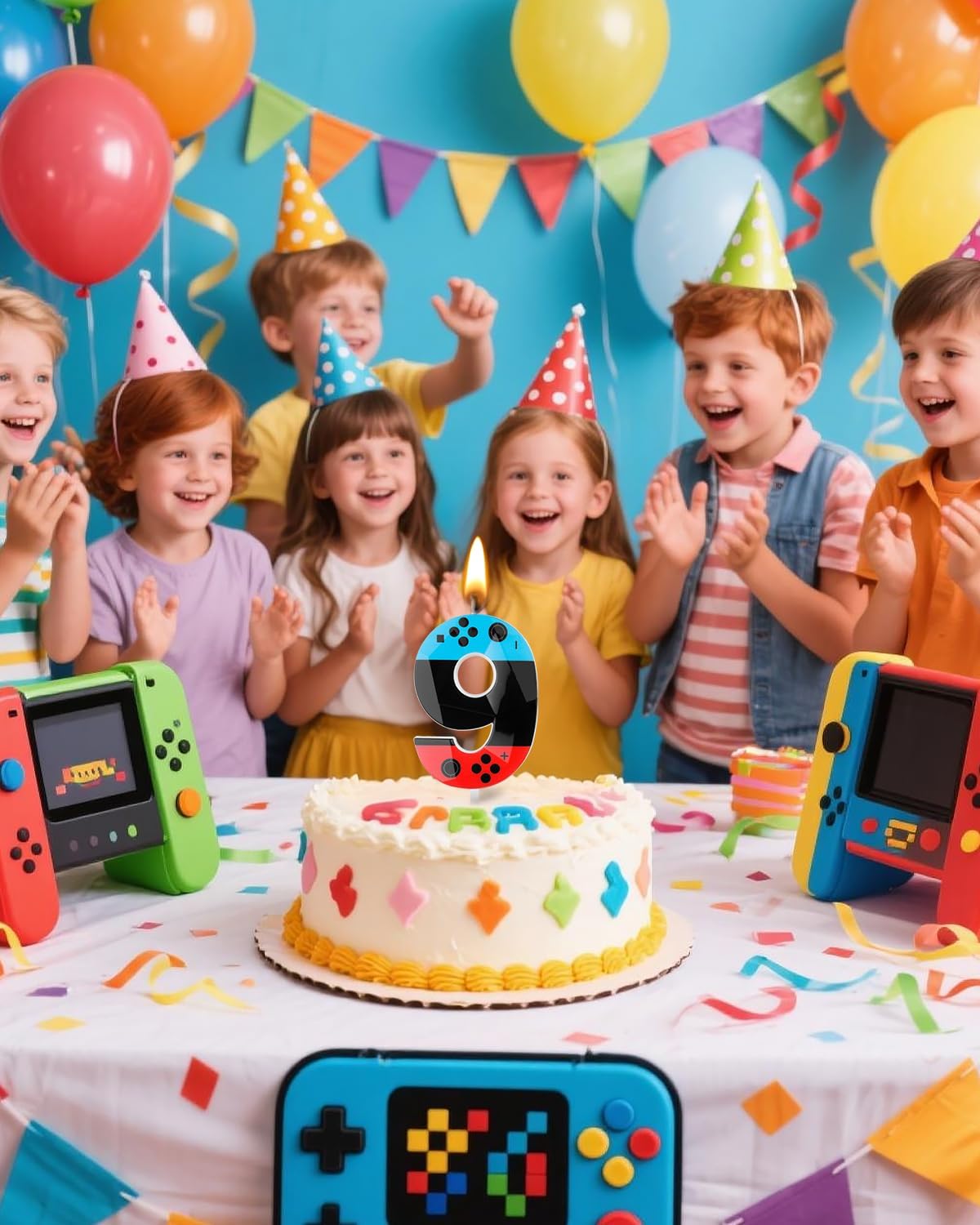 Number 9 Level Birthday Candles, 2.68 inch Gamer Candles, Red Blue Birthday Candles, Game Controller Gamepad Candles,Video Game Controller Themed Kids Boy Girl Party Supplies