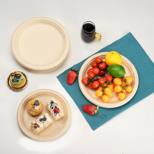 RACETOP Compostable Paper Plates 9 Inch [150 Pack], Disposable Biodegradable Heavy Duty Paper Plates, Made of Natural Sugarcane Fibers, Unbleached Brown, Round