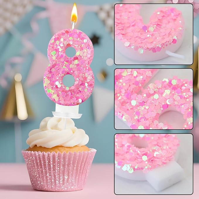 Zailo Birthday Number Candles, Glitter Number Candle Cake Decorations with Sequins, Cupcake Decorations for Girls, Women, Party Anniversary Celebrations (Number 8, Light Pink)