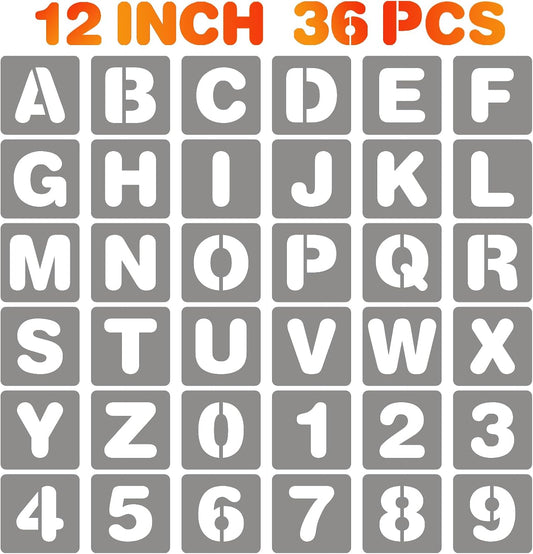 BAMIDELE 12 Inch Letter and Number Stencils, 36 Pcs Reusable Plastic Alphabet Spray Paint Stencils for Painting on Wood, Wall, Fabric, Rock, Chalkboard, Door Porch, Signage, DIY Craft Decoration