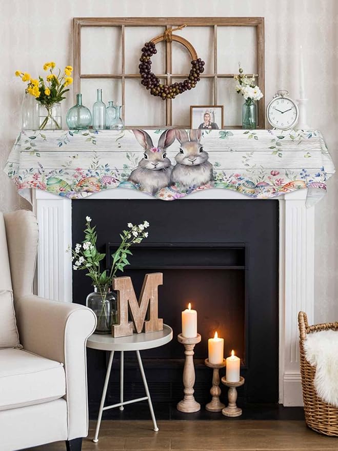 Bunny Easter Fireplace Mantel Scarf Table Runner,Eucalyptus Leaves Spring Floral Eggs Wooden Winter Garland Mantel Top Tablerunners Dresser Scarves Cover for Windows Party Living Room 70"x17"