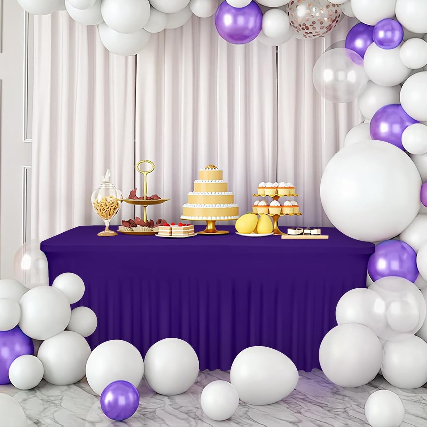 Table Skirts for 8ft Rectangle Tables - 2PCS Purple Table Covers for 8 Foot Tables, Wrinkle Resistant Ruffles Elastic Table Cloths and Table Skirt for Banquets/Weddings/Parties/Birthday