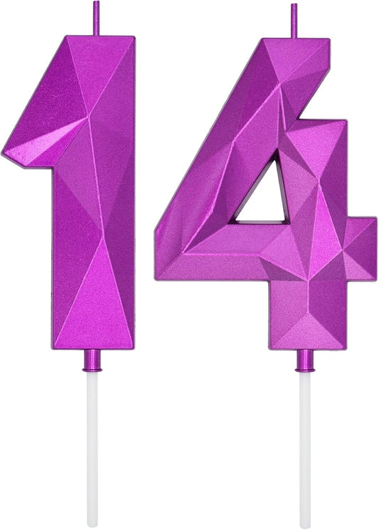 DERVENTA Large Birthday Candle Number 3D Purple 3.7 inch Party Celebration Anniversary Decoration Cake Topper 1 Piece (Number 14 Purple)