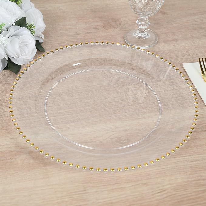 Efavormart 10 Pack Clear Gold Economy Plastic Charger Plates with Beaded Rim, Round Decorative Serving Plates - 13"