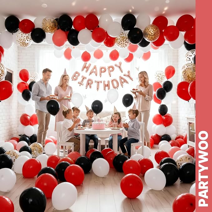 PartyWoo Red and Black Balloons 65pcs 12 Inch Matte Black Red White Confetti Balloons for Graduation Men Birthday Wedding Anniversary Bachelorette Racing Car Casino Retirement Party Decorations