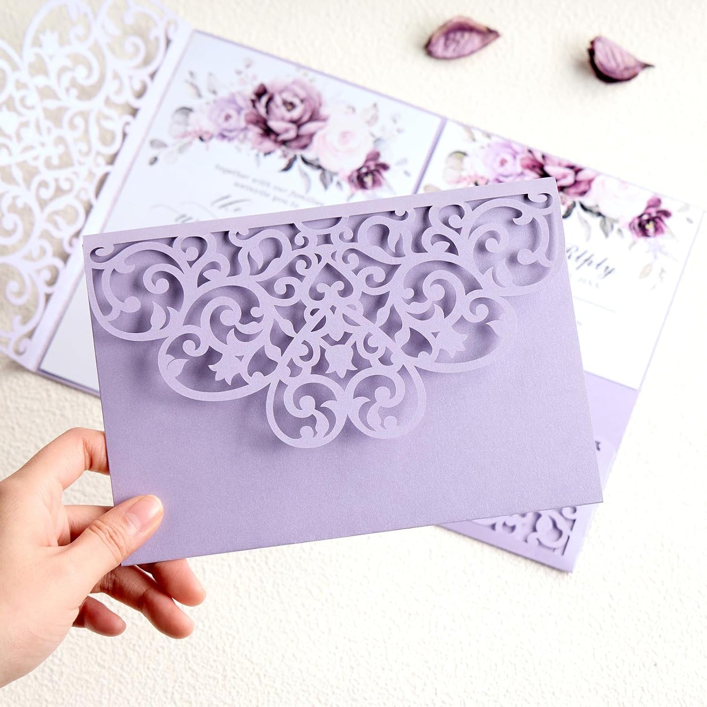 50 pcs Purple Wedding Invitations 5×7 Personalized Invitations with Envelopes and RSVP Cards Blank Birthday Invitations Laser Cut Hollow Out Invitation Kits for Engagement Sweet 16 Quinceanera Bridal Shower