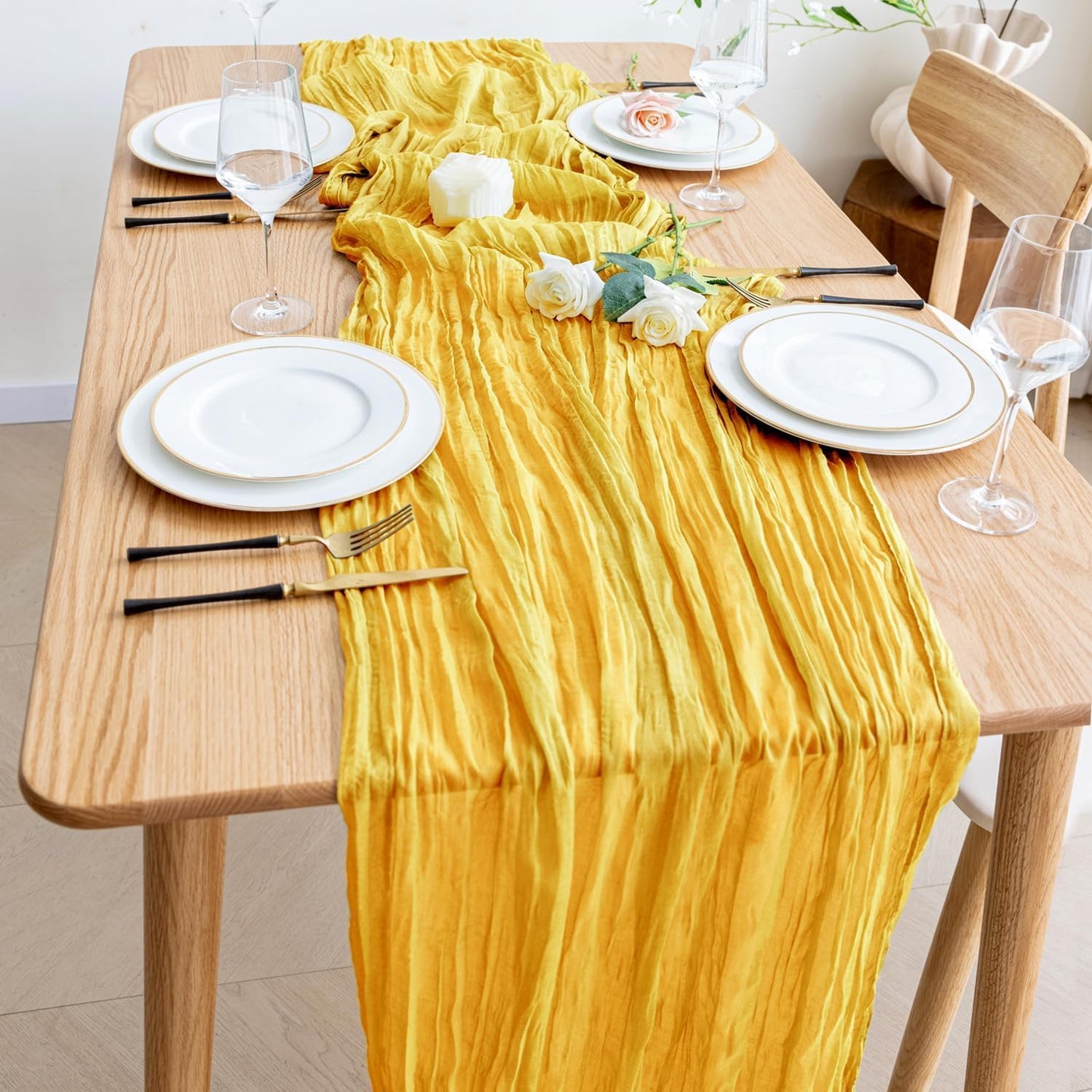 Wokceer Cheesecloth Table Runner 120 Inch Gold Boho Gauze Spring Easter Cheese Cloth Table Runner for Party Valentine's Day Long Rustic Sheer Table Runners for Baby Bridal Shower Wedding Table