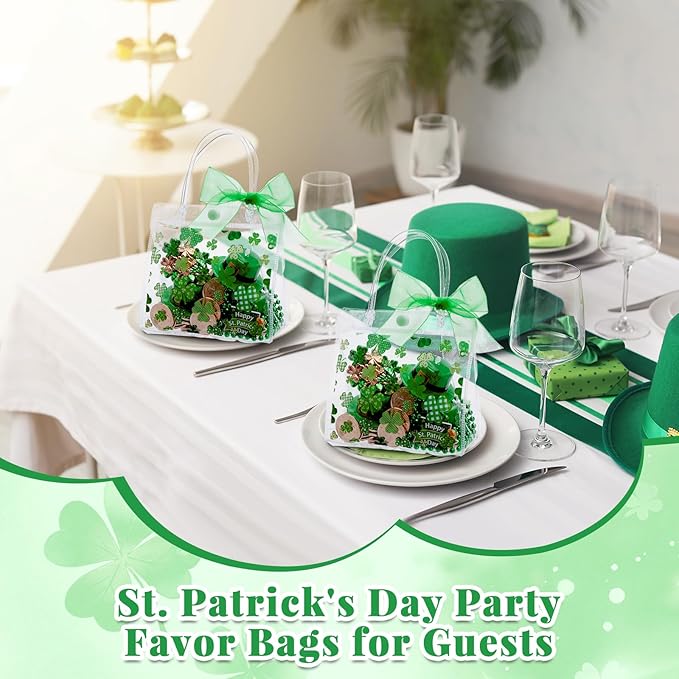 Wesnoy 24 Pcs St Patricks Day Clear Gift Bags with Handles Shamrock PVC Treat Totes with Ribbon Green Clover Gift Wrapping Bag Bulk for Irish Party Favor Supplies Holiday Gifts, 6.3 x 5.9 x 3.2 Inch