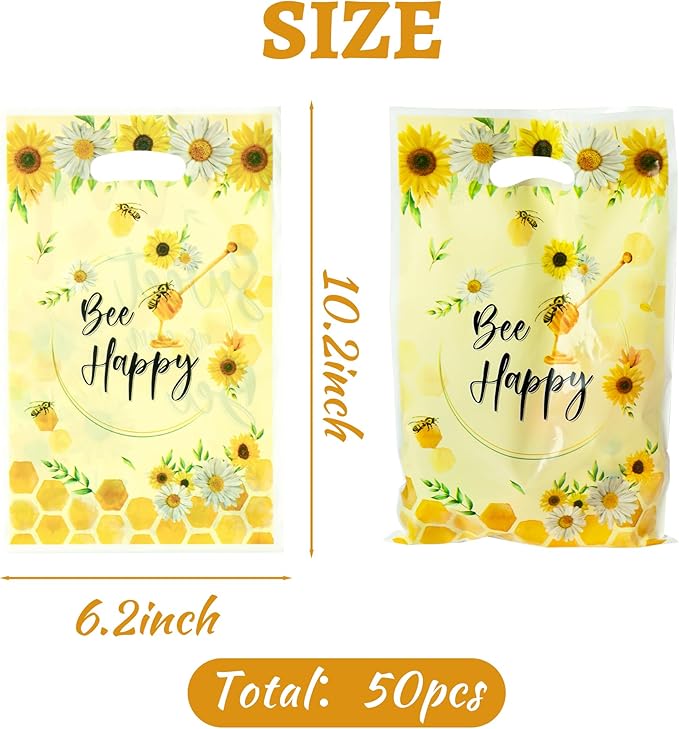 3sscha 50Pcs Bee Party Favor Bags Sweet As Can Bee Plastic Waterproof Goodie Bag Sunflower Yellow Rectangular Gift Pack for Kids Birthday Baby Shower Decoration Party Favor Supplies
