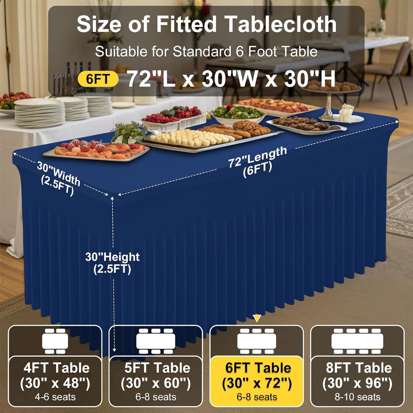 Smiry Spandex Tablecloth, Elastic Fitted Stretch Tablecloth for 6FT Rectangle Tables, Waterproof Washable Table Cover Skirt for Outdoor, Wedding, Banquet & Parties (Navy, 72Lx30Wx30H Inch)