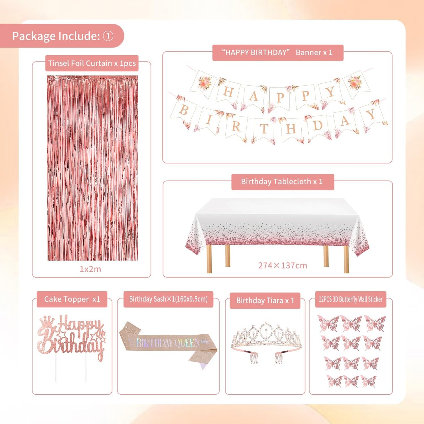 Birthday Decorations for Women Girls, Retro Blush Pink Birthday Party Decorations, Happy Birthday Banner, Crown, Sash, Pink Rose Gold White Sand Nude Balloons, Butterfly, Fringe Curtain, Tablecloth