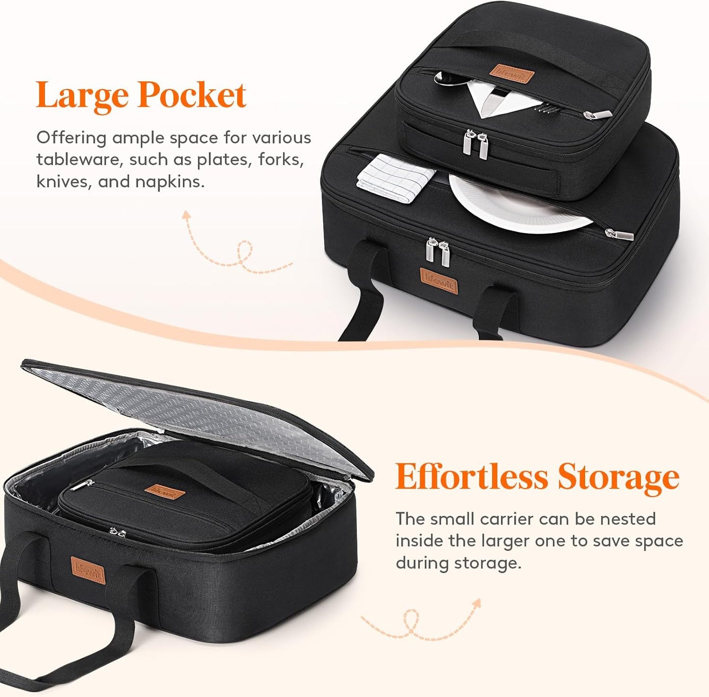 Lifewit Duo Insulated Casserole Carrier for Hot or Cold Food, Lasagna Holder 2 Compartments, Thermal Lunch Tote for Potluck Parties Cookouts, Fits 9"x13" Casserole Dish,Black