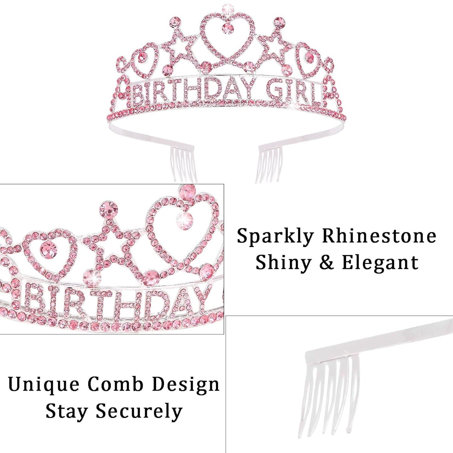 Birthday Girl Tiara and Sash Set - Pink Rhinestone Crown & Glitter Iridescent Sash for Birthday Party, Princess Celebration, Gift for Girls and Women