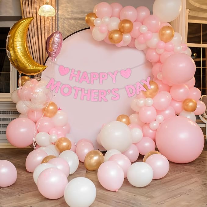 Happy Mother's Day Banner Set Decoration for Mother's Day Party Decorations Backdrop Garland for Mom Mother's Day Glitter Garland Photo Props (Pink Letter)