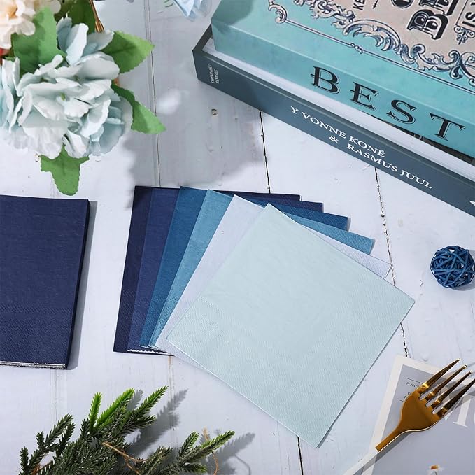Whaline 120 Pcs Dusty Blue Cocktail Napkin Gradient Color Beverage Napkin 2 Ply Disposable Paper Napkin for Home Party Favor, 6 Colors