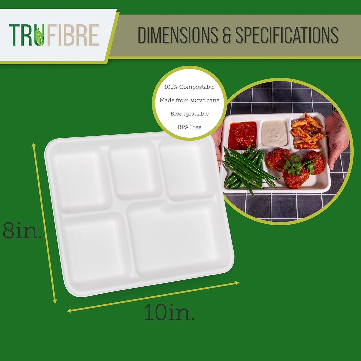 10.35x8.35 125 Pack 5 Compartment Plates, 100% Natural Disposable Biodegradable Plates, Lunch Trays for Cafeteria, Food, Meals, Dinner, Bulk